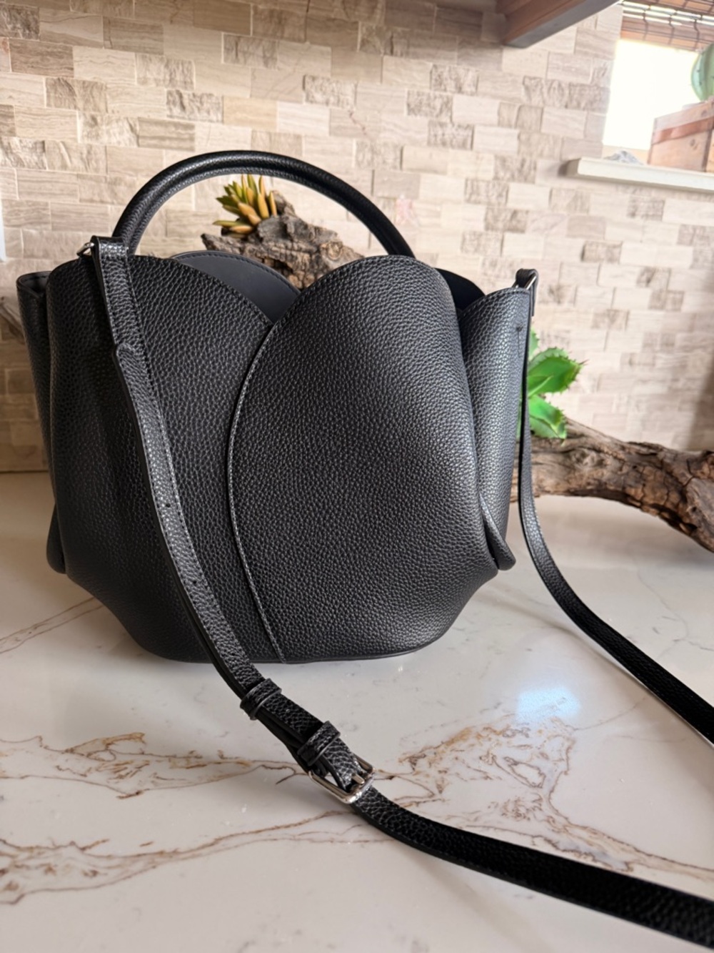 Anthropologie Black Pebbled Leather Scalloped Tote